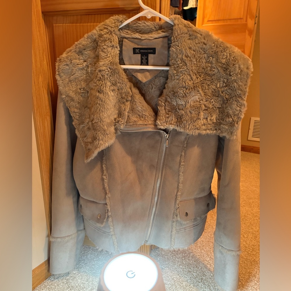 INC International Concepts gray Teddy Jacket with Faux Fur Collar